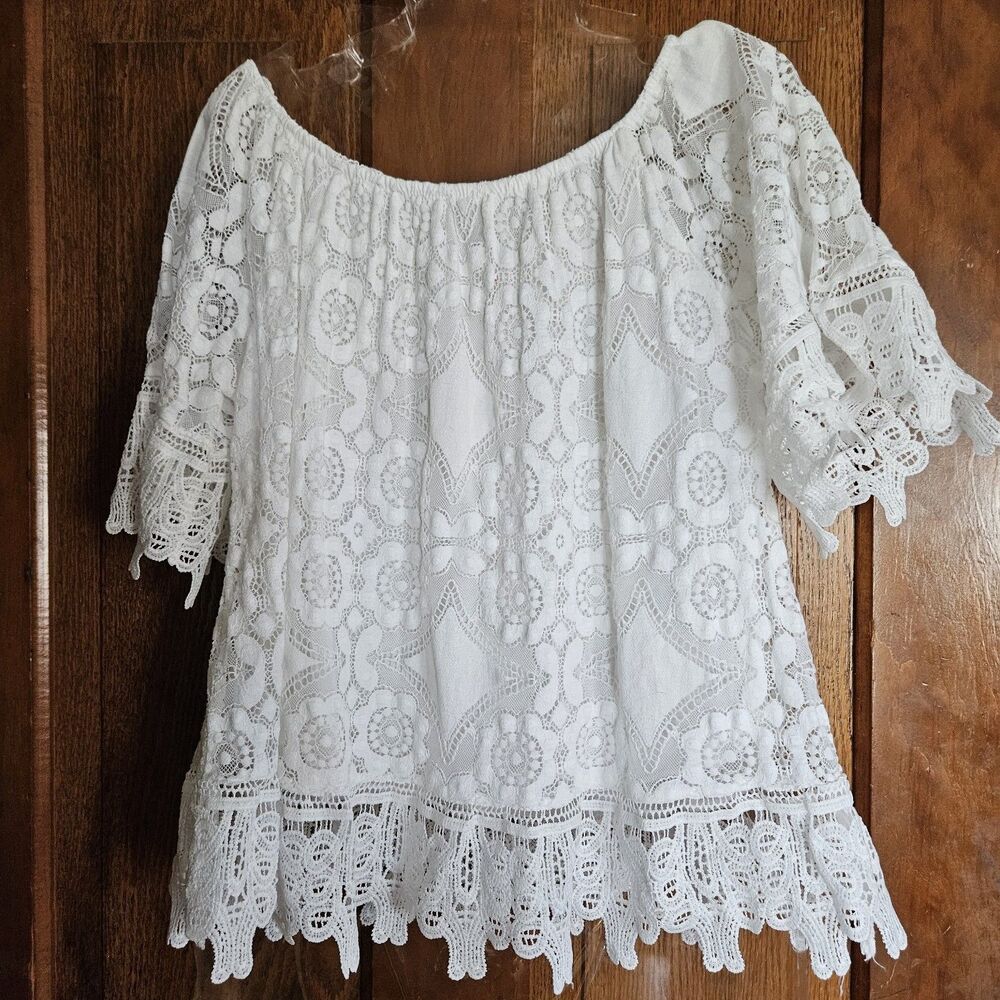 Italy White Sheer Floral Lace Shirt – Junior Small, Romantic Tunic Blouse‎